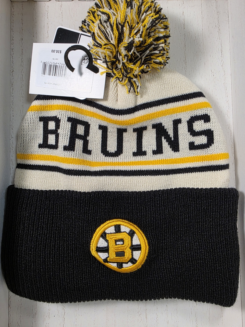 Bruins Cuffed Pom Beanie Hat - Black, Cream & Yellow